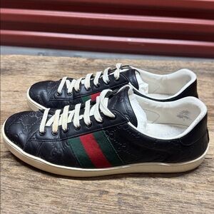 Gucci GG Signature Leather Sneakers | Black Web Stripe | Size 9
